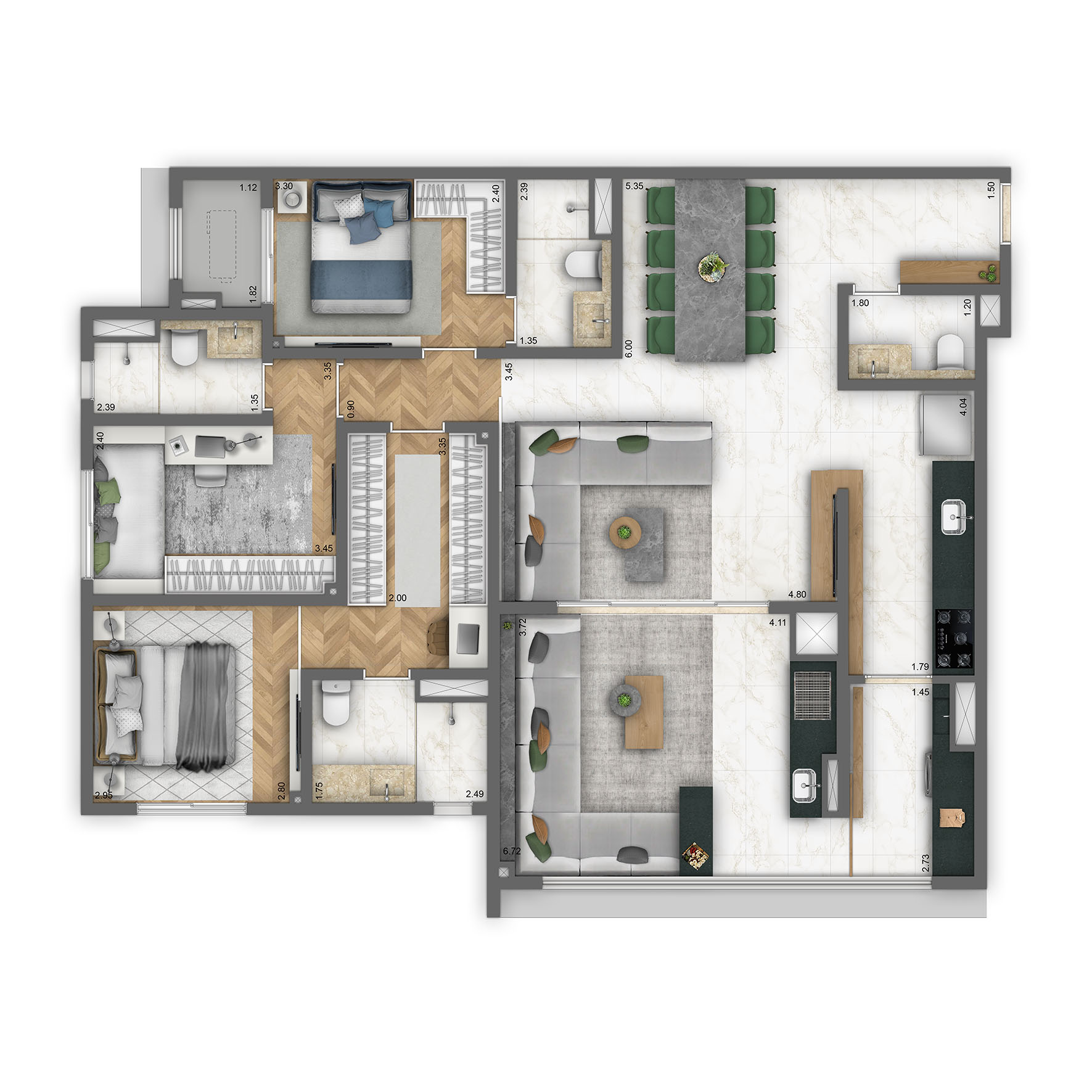120 m² (3 suites)